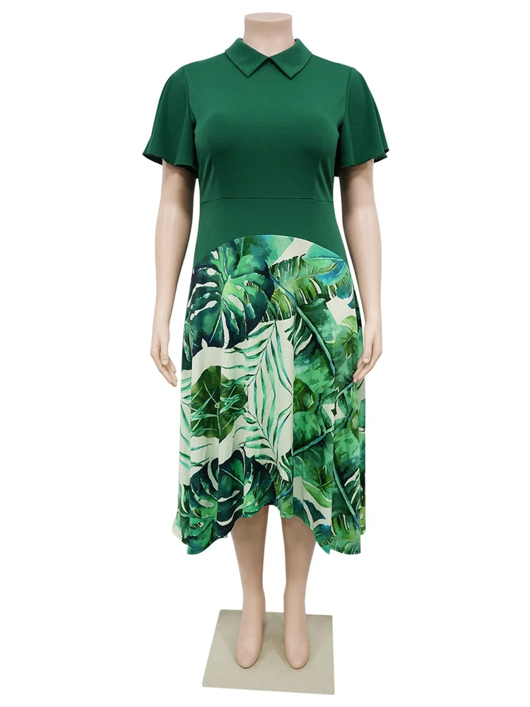 Wmstar Plus Size Dresses for Women Wholesale Patchwork Print Lapel Leaf Sleeve Dress Large Skirt African Dress Dropshopping