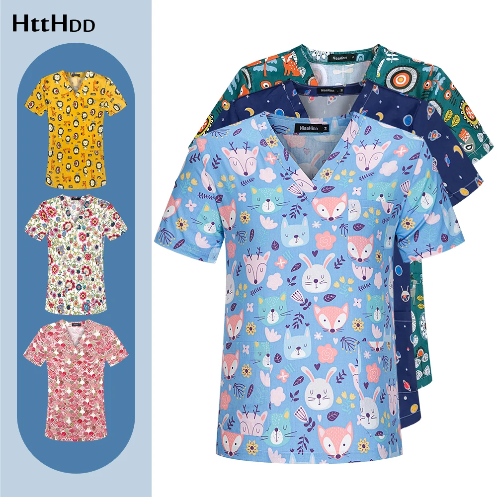 

Скрабы с принтом животных, высококачественные хлопковые медицинские скрабы с V-образным вырезом, рабочая одежда унисекс, Мужская стоматология, Женская Бриллиантовая