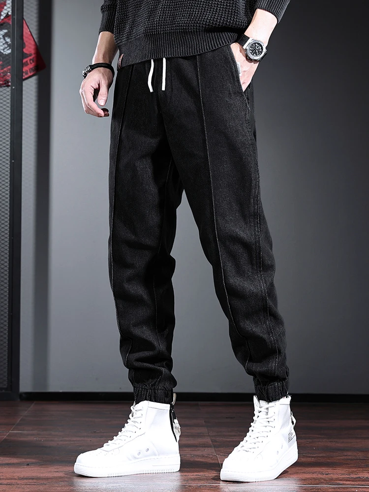 Autumn Blue Baggy Jeans Men Casual Elastic Waist Pencil Pants Streetwear Loose Drawstring Jogging Solid Denim Trousers
