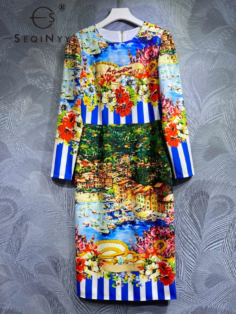 

SEQINYY Elegant Blue Dress Summer Spring New Fashion Design Women Runway High Street Vintage Flowers Print Beading Slim Sicily