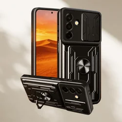 Universal Card Slot Camera Protect Case with Armor Metal Ring Holder Cover - Galaxy A16 5G (Black)