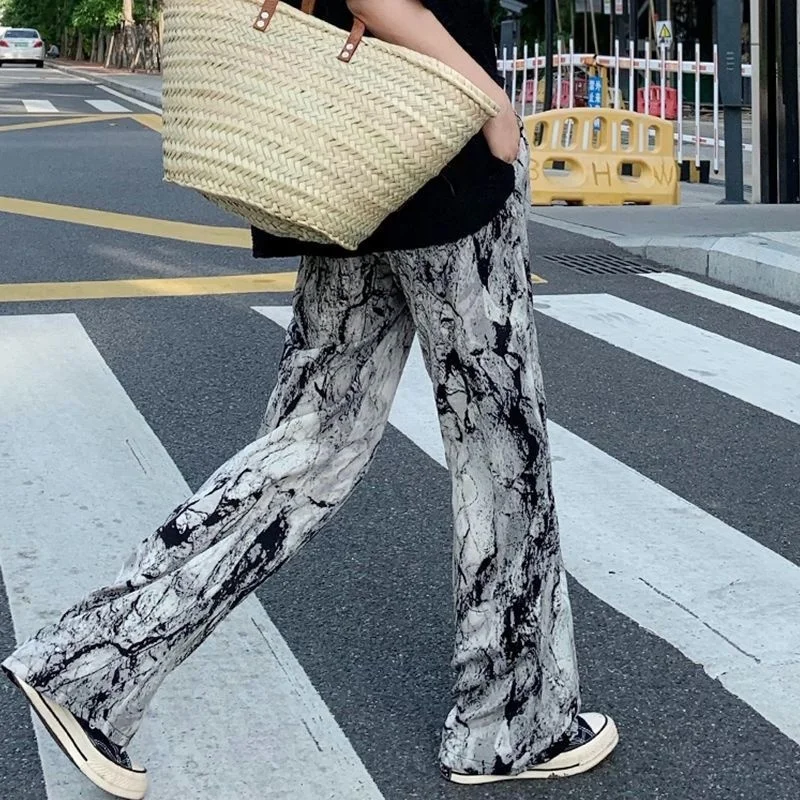 wide leg trousers 2021 Summer Fashion Women's Pants Tie Dyed Wide Leg Pants Female Straight Tube Loose High Waist Hanging Feeling Casual Trousers black ripped jeans Pants & Capris