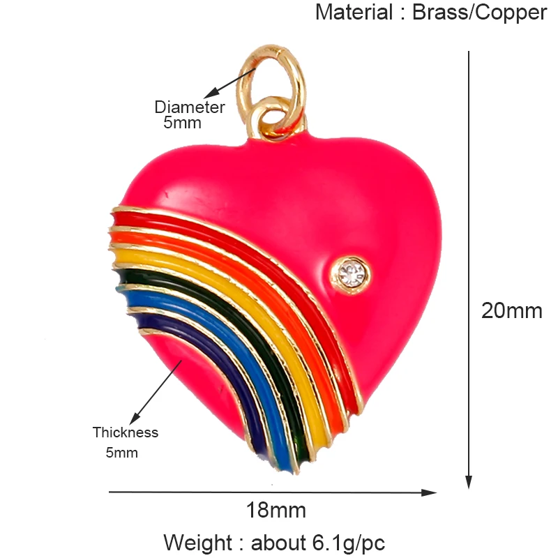 Enamel Rainbow Heart Charms, Cubic Zirconia Crystal, Retro