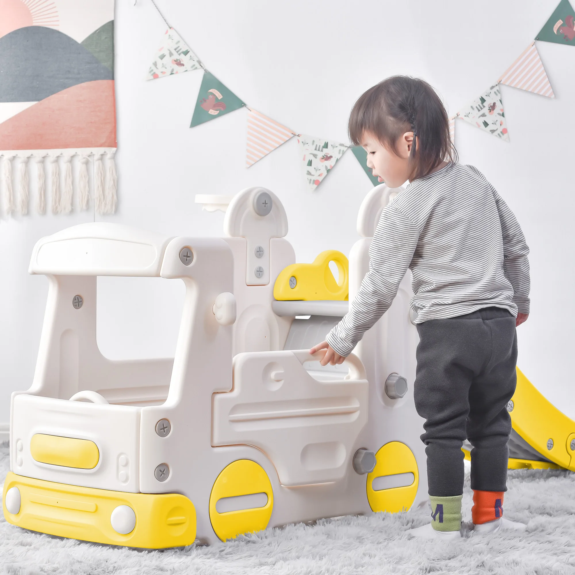 

Kids Slide with Bus Play Structure Climber, Freestanding Bus Climber with Slide for Toddlers, Bus Climber Slide Set with Basketb