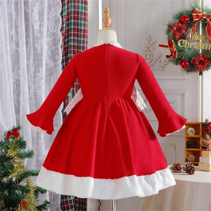 

Детское рождественское платье для девочек, ТРАПЕЦИЕВИДНОЕ длинное кружевное лоскутное платье с расклешенными рукавами и круглым вырезом, теплая одежда на молнии для принцессы на осень и зиму