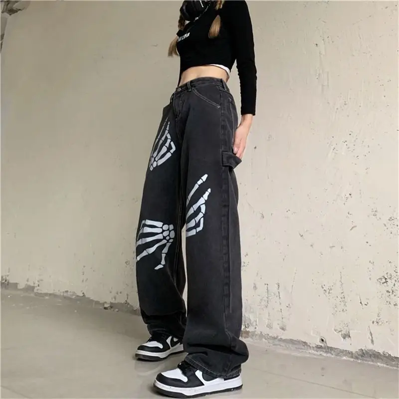 Gothic Jeans Women Harajuku Loose Wide Leg Pants Vintage Skull Bone Print Casual Straight Denim Trousers Female Streetwear Y2K high waisted jeans