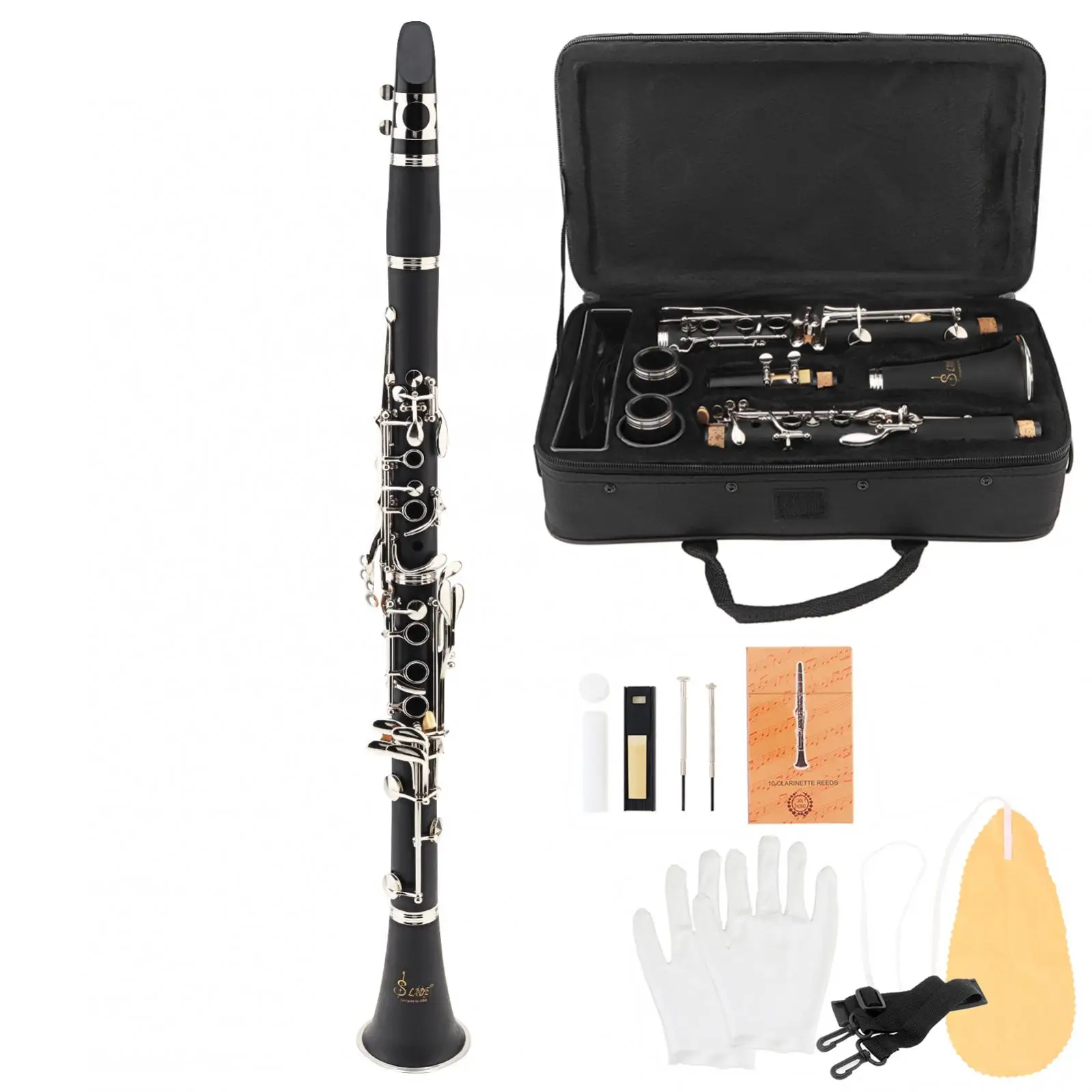 17 Key bB Flat Clarinet Bakelite Body Nickel Silver Plated Keys with Tube Cloth Screwdriver and Storage Case