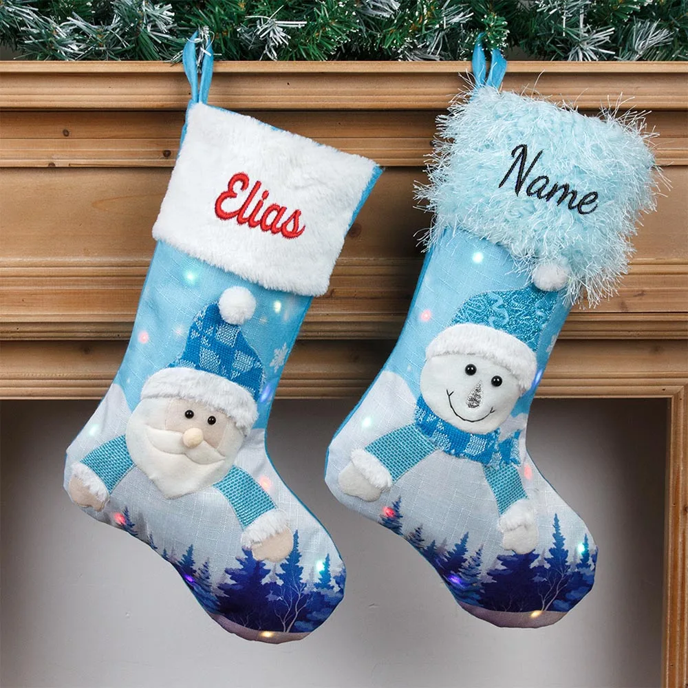 

New Christmas Socks With Lights Blue Glow Christmas Decorations Embroidered Socks With Names Gift Bags Christmas Tree Pendants