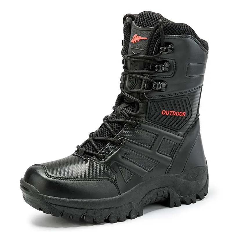 Men's High-Top Leather Boots Breathable Desert Combat Outdoor Shoes Non-slip Hiking Ankle