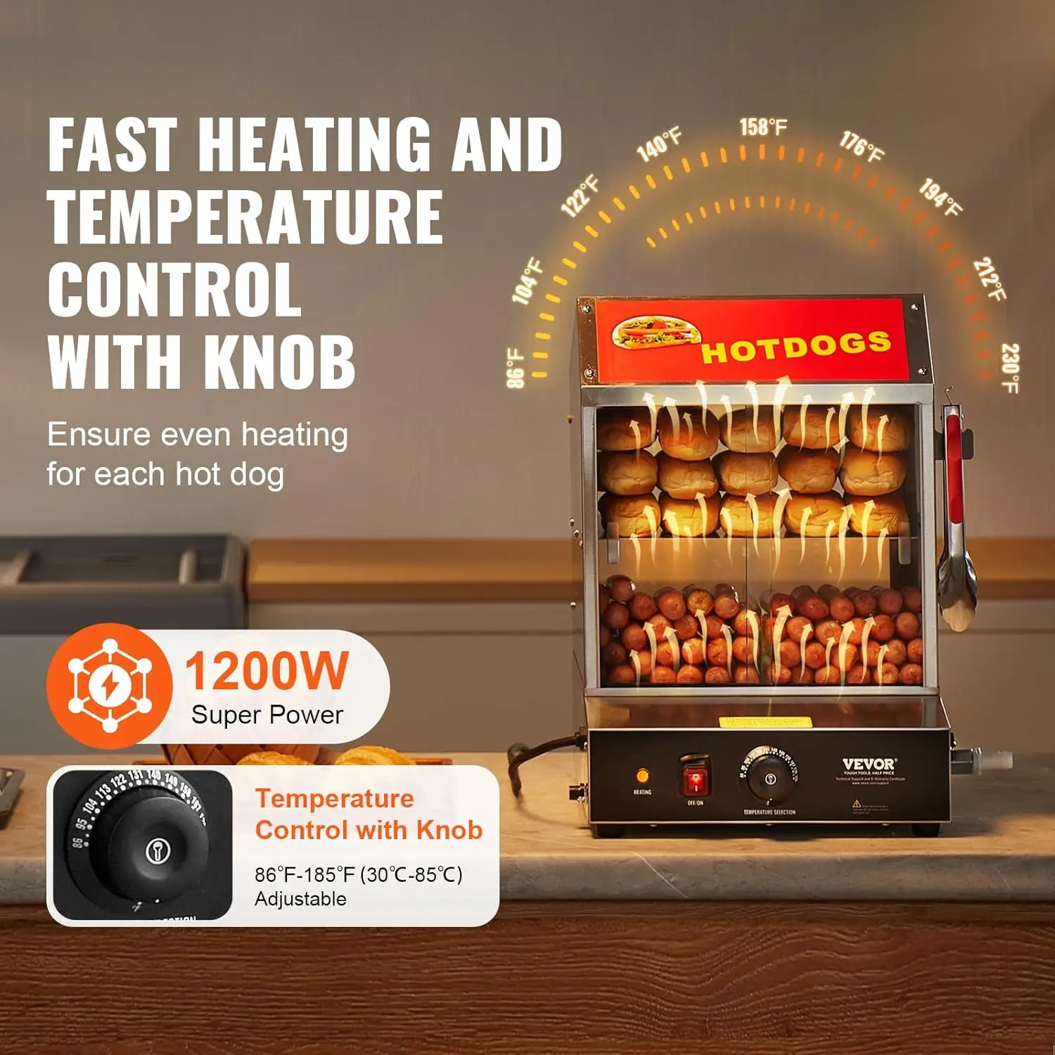 Hot Dog Steamer, 28.5QT, 2-Tier Hot Dog Hut Steamer, 86℉~185℉ Temperature Control, Electric Bun Warmer with Tempered Glass Slide