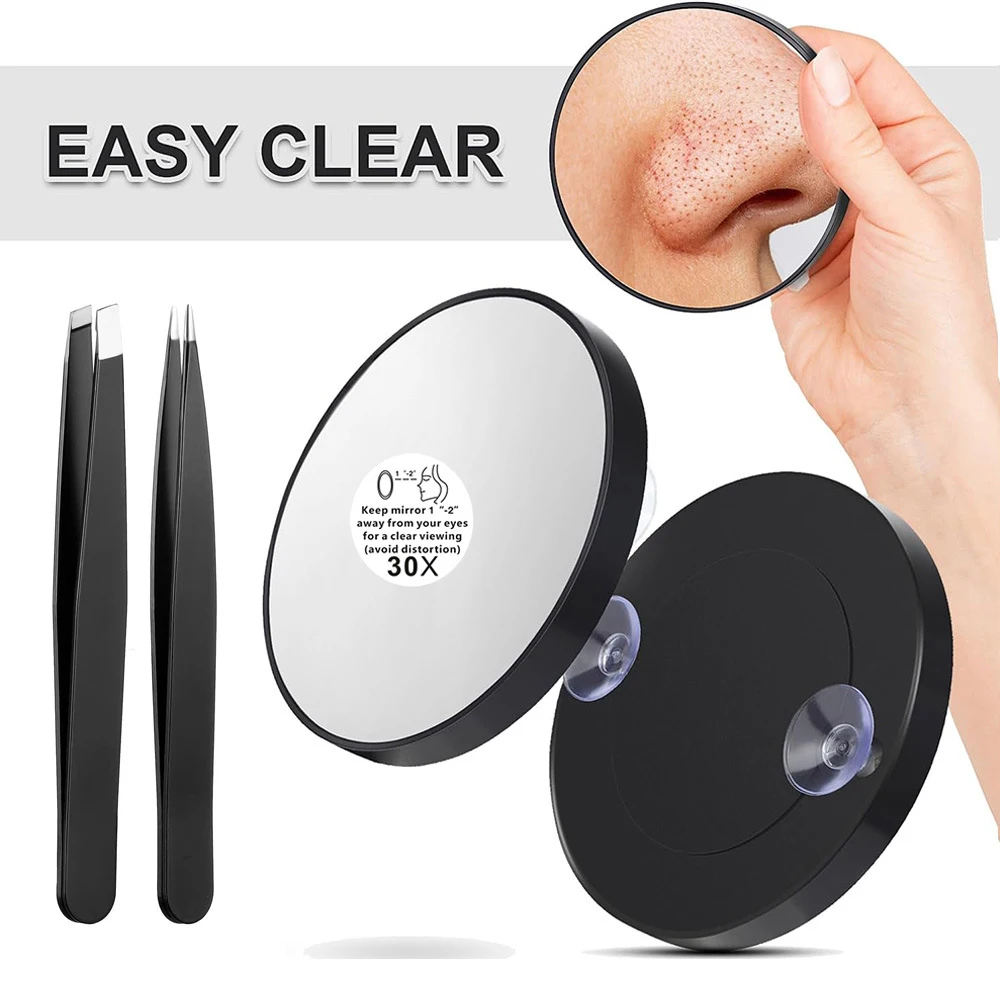 Makeup Mirror Magnifying Mirror 3.5 Inch 30X Magnified Mirror Three Mounting Suction Cups Tweezers Travel Makeup Kit for Shaving Blackhead Blemish Removal