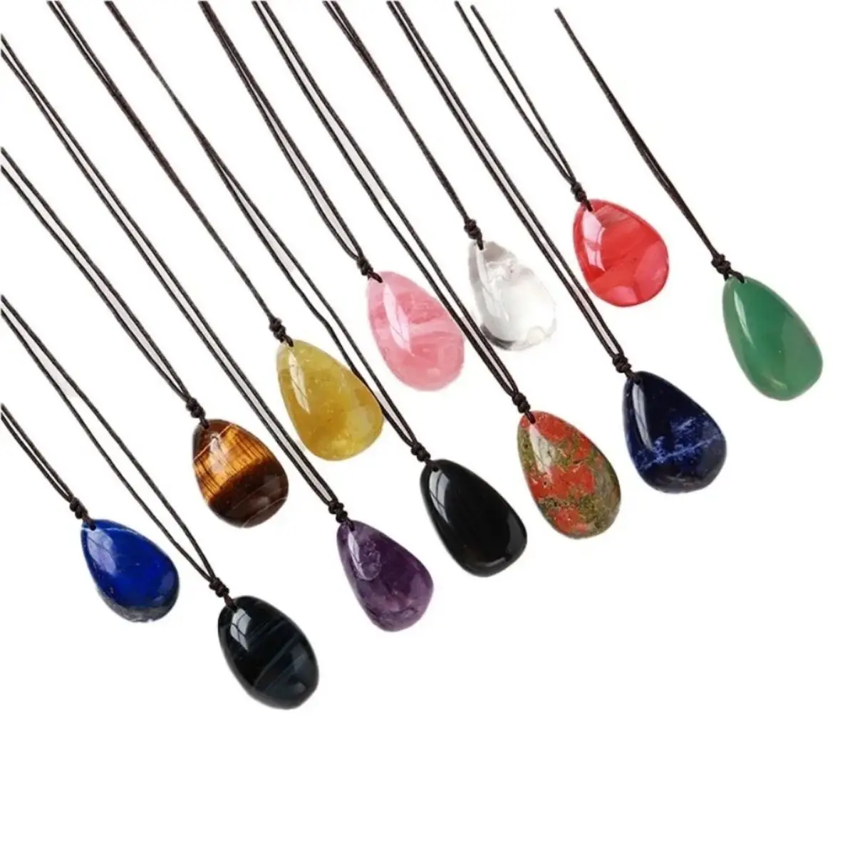 11 Kinds Of Natural Crystal Raw Stone Polished Water Drop Shape Polished Pendant Oval Multi-Crystal Material Energy Necklace