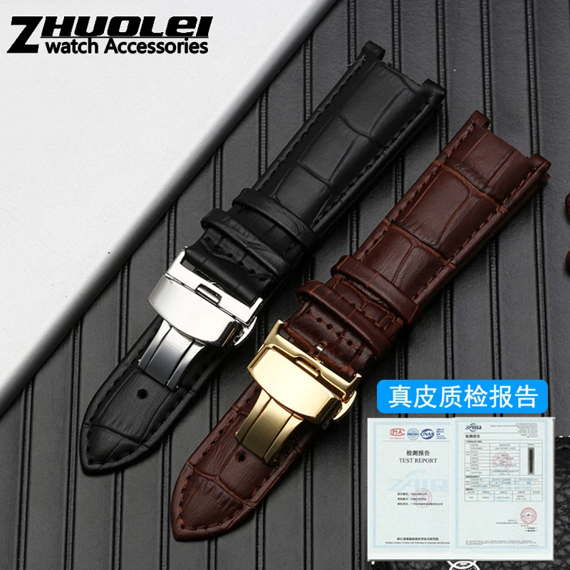 Genuine Leather Watchband with Stainless Steel Butterfly Buckle, Notched Strap Design