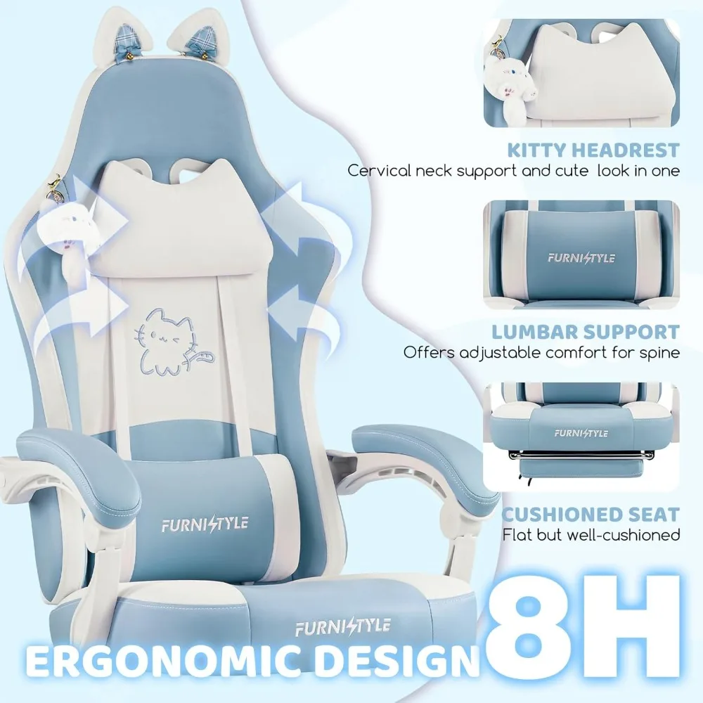 Cat Ear Gaming Chair with Footrest, Massage Lumbar Support & Headrest, Ergonomic Computer Chair Black/Pink