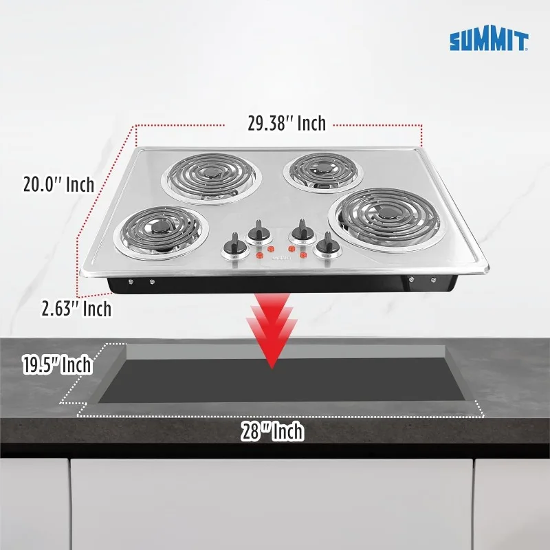 Summit 30" 4 Burner Electric Cooktop, 230 Volt Coil Electric Cooktop, ADA compliant, Stainless Steel- CR430SS 3