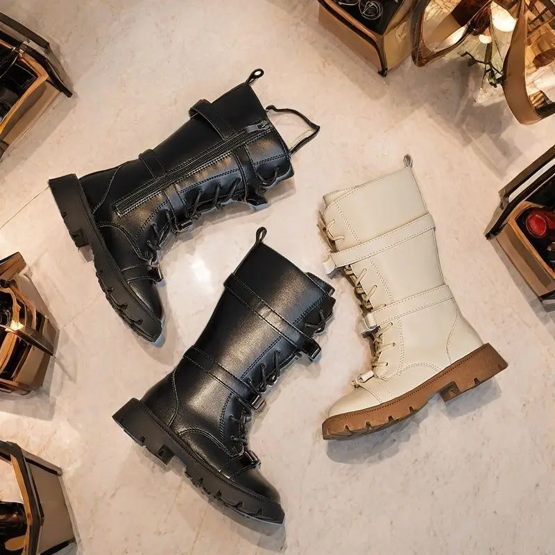 Kids'Boots 솔리드 컬러 PU 가죽 패션 가을 무릎 높이 부츠 소녀용 미끄럼 방지 통기성 블랙 화이트 사이즈 21-37