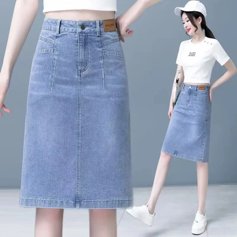 

Женская джинсовая юбка с завышенной талией, однотонная трапециевидная юбка средней длины с разрезом, Одежда большого размера