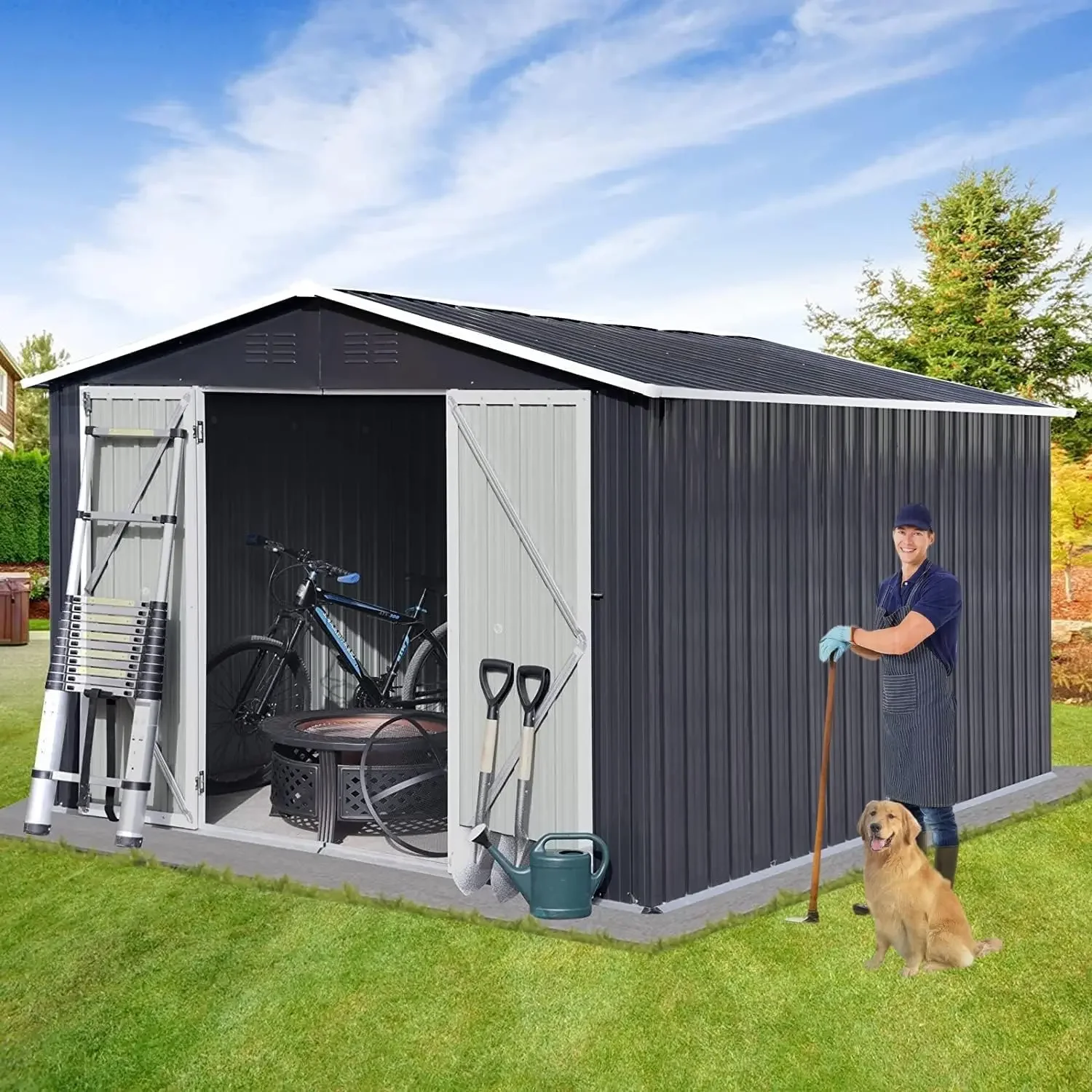 Storage Shed, 10x8 FT Garden Sheds Kit with Double Lockable Door, Tool Sheds for Backyard Patio Dark, Outdoor Storage Box
