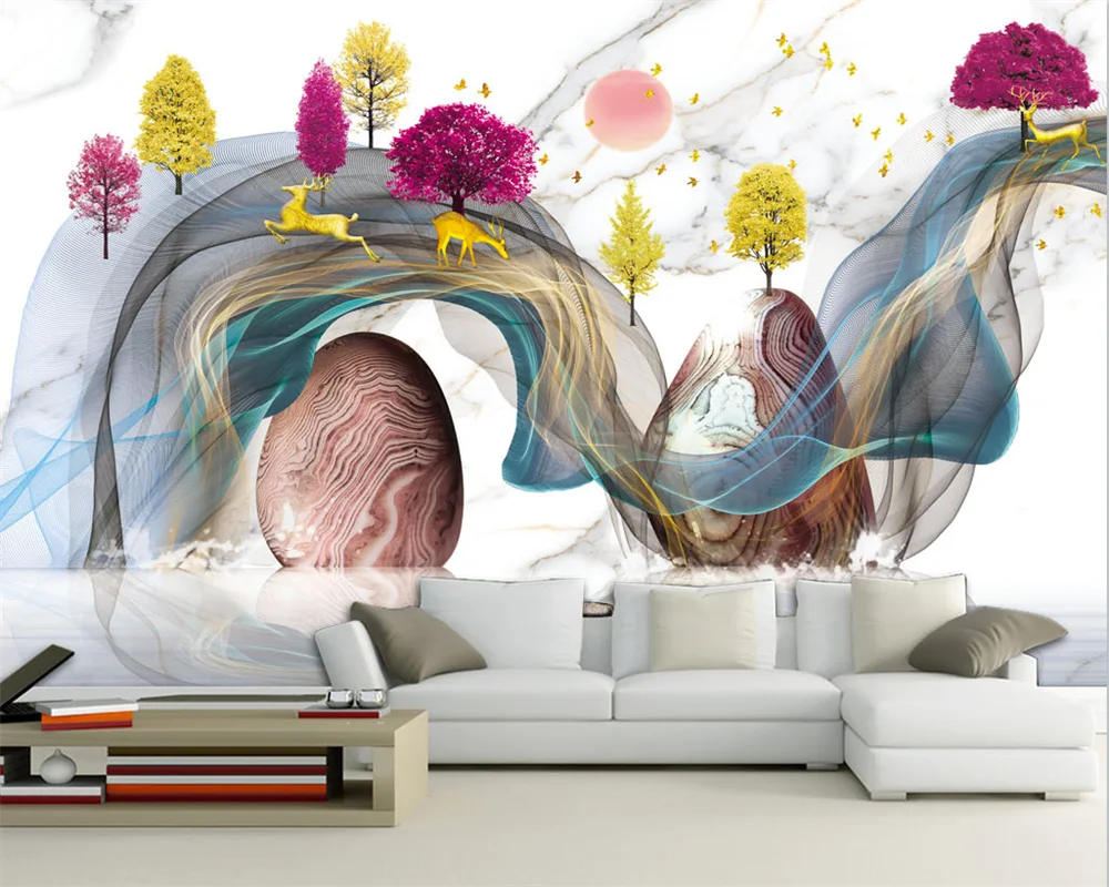

beibehang Customized new Chinese style modern light luxury abstract line elk fortune tree TV background wallpaper papier peint