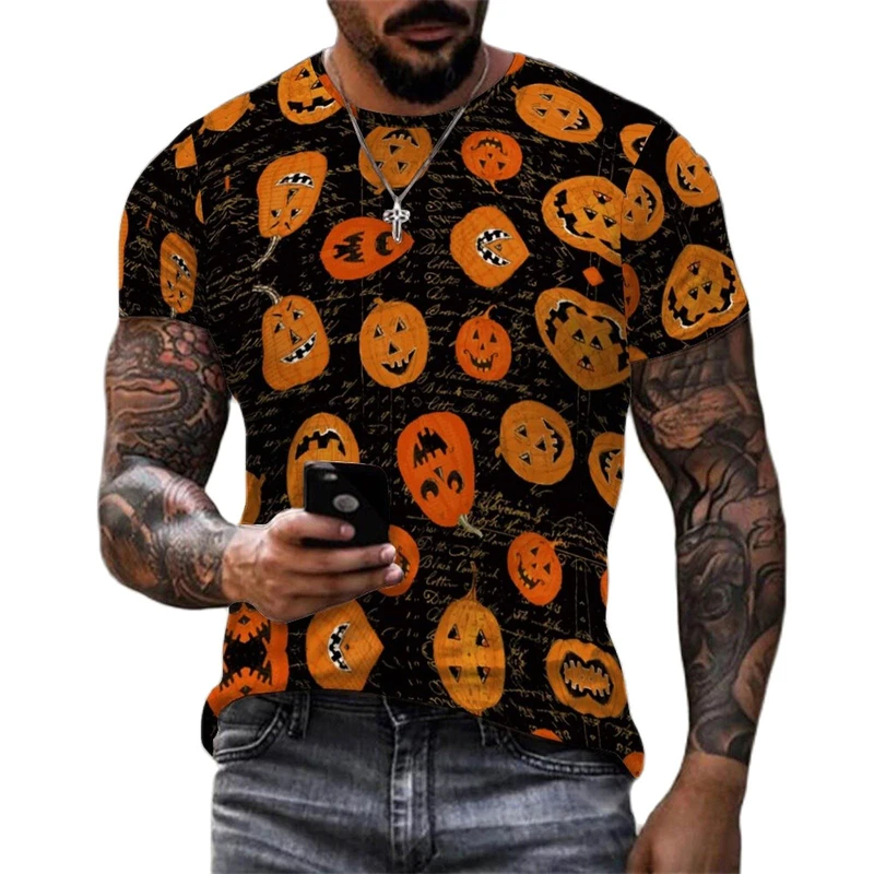 

Horror Halloween Pumpkin Graphic Men's T-shirts Street Summer Round Neck Loose Short Sleeve Tops Tee Oversized T Shirts 4XL Top