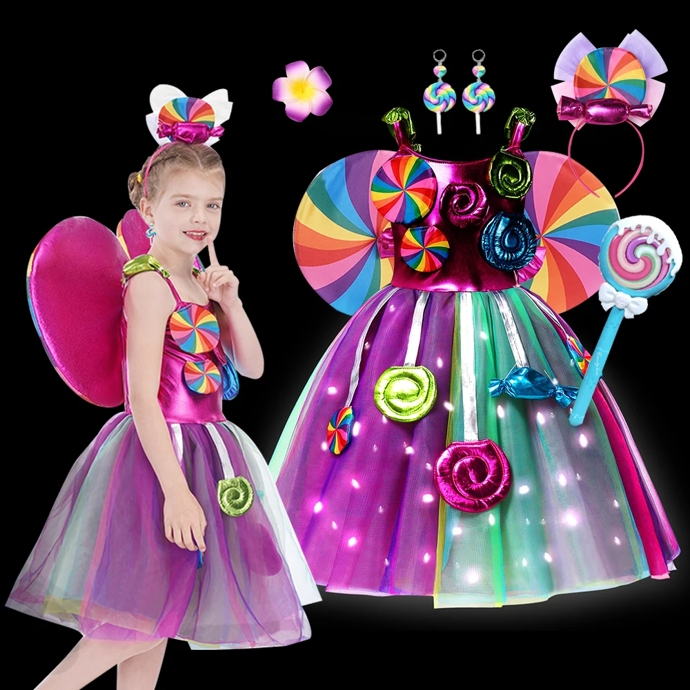 

LED Light Up Rainbow Lollipop Girls Costume Purim Festival Cosplay Candy Dress with Headband Fancy Carnival Party Outfit Vestido