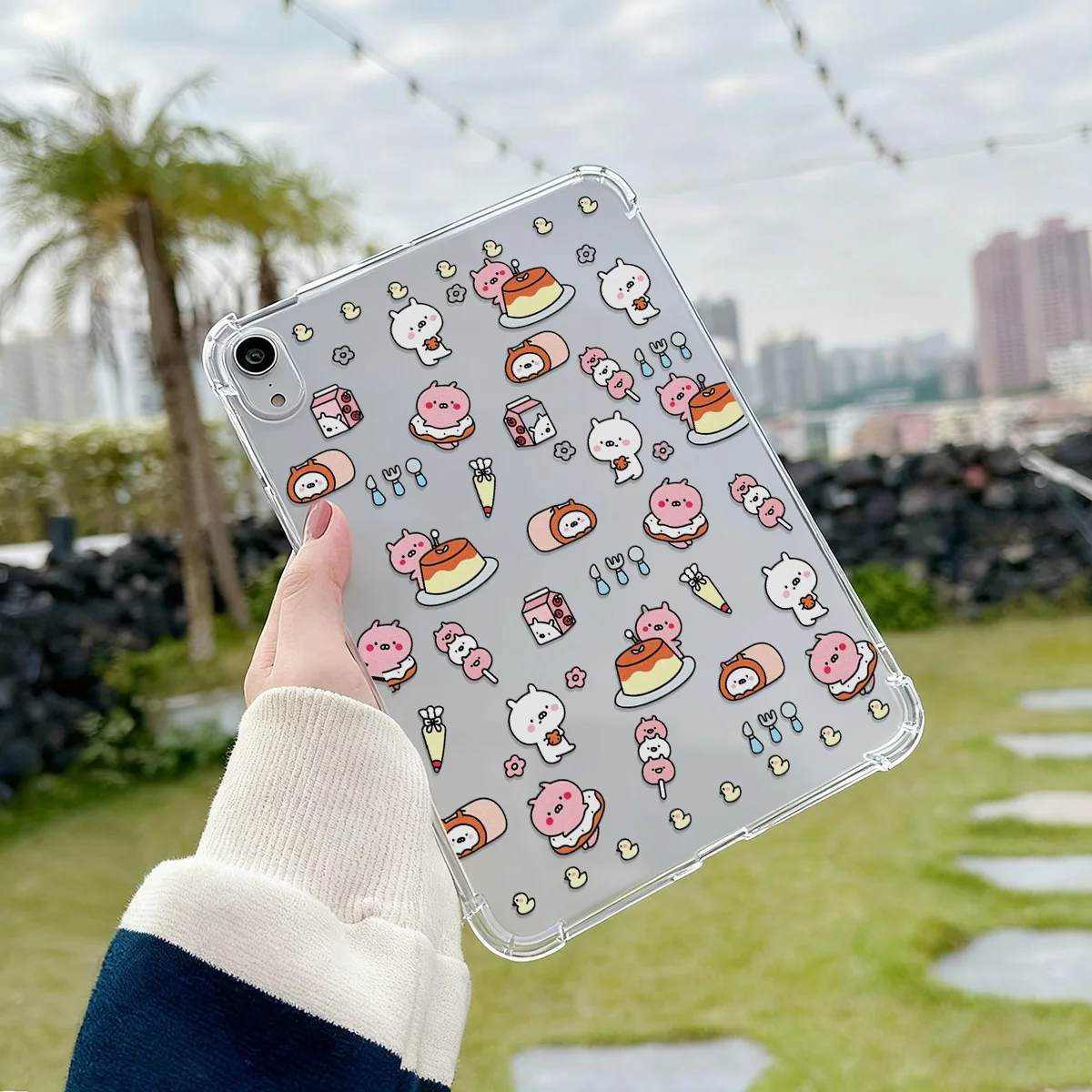 Transparent Tablet Case with Black Graffiti Cats Design