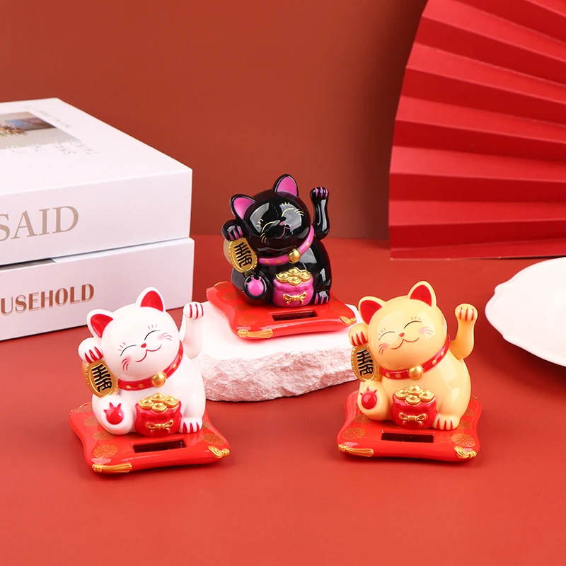 Solar Powered Maneki Neko Waving Arm Beckoning Fortune Cat Lucky Cat Per Home Office E Car Decor