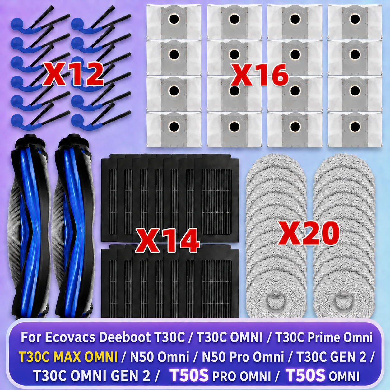 Für Ecovacs Deeboot T30C/T30C OMNI/T30C Prime Omni/T30C GEN 2/T30C OMNI GEN 2(Nicht T30C PRO/PRO OMNI), T30C MAX OMNI, N50 OMNI/N50 Pro Omni, T50S PRO OMNI/ T50S OMNI Haupt/Seitenbürste Filter Mopp Staubbeutel