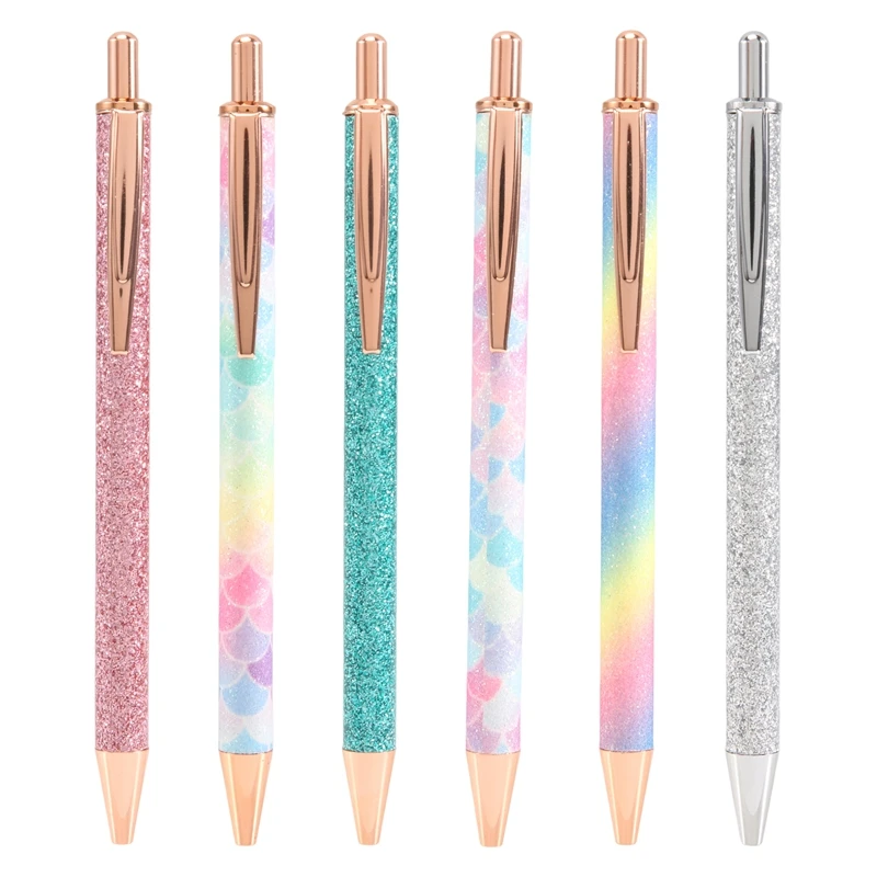 

6 PCS Glitter Ballpoint Pens Rose Gold Click Ballpoint Pen Metal Glitter Pen Retractable Black Ink Medium Point Pens