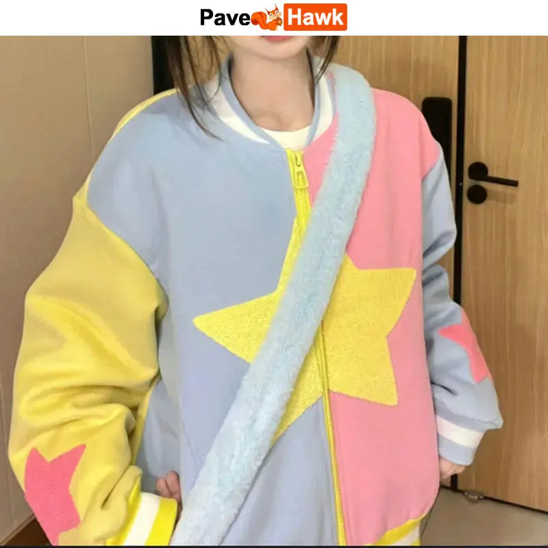 

Womens Baseball Jackets Star Flocking Patchwork Harajuku Bomber Coat Loose Retro Casual Zip Up Color Block Jacket Embroidery