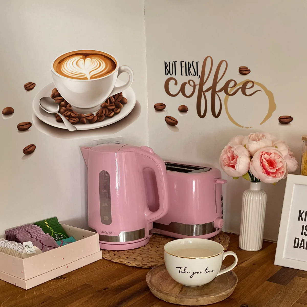 Creative Coffee Cup Pattern Wall Stickers Cafe Kitchen Bar Decor Cabinet Art English Home Decoration Self-adhesive Wallpaper