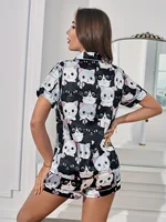 Ensemble de pyjama en satin à imprimé chat mignon pour femmes, manches courtes, boutons, vêtements de nuit d'été, 2 pièces, vêtements de détente en soie douce 5