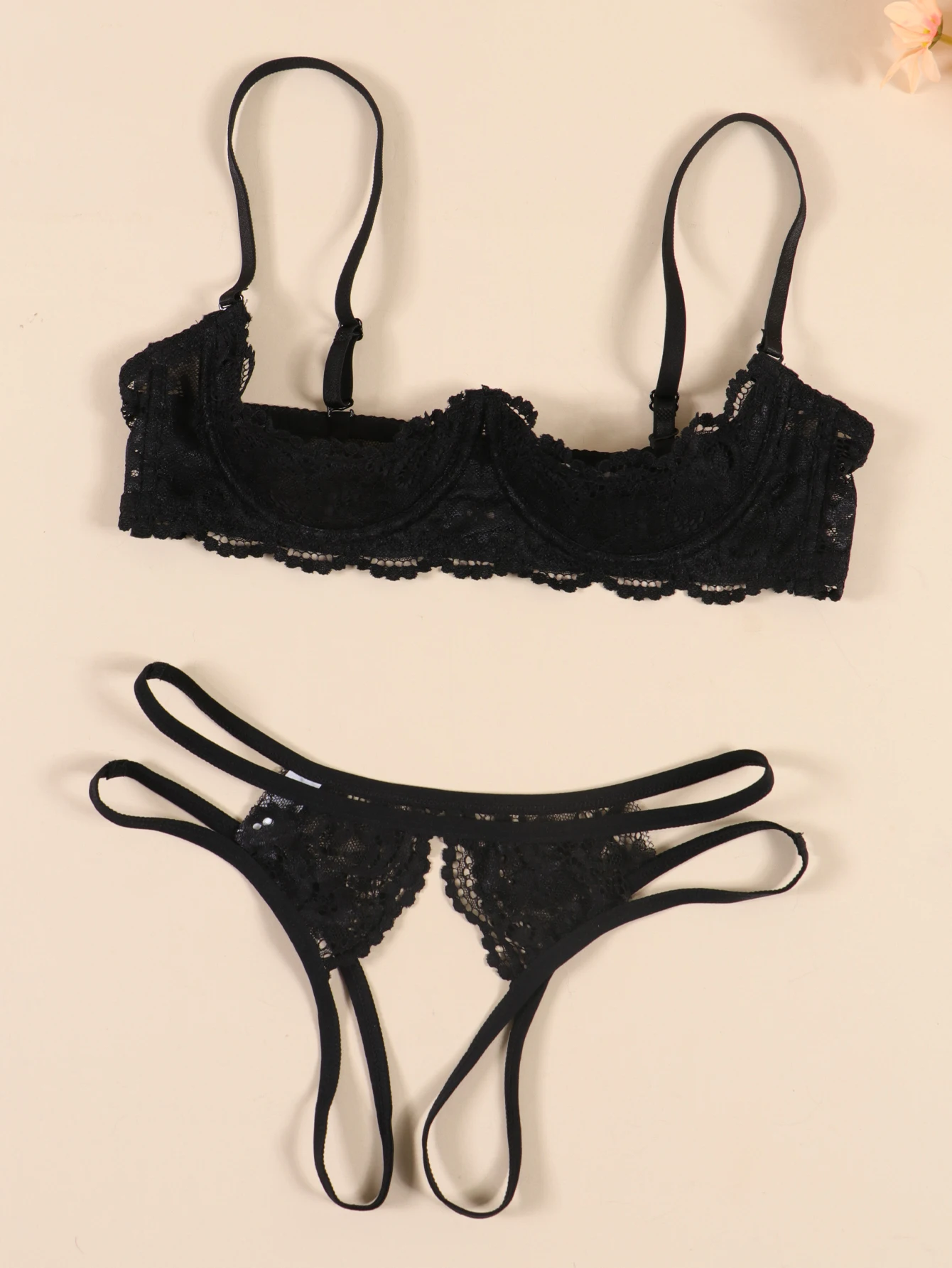 Lace Crotchless Bra G-string Set 2pcs Erotic Cutout Bra Open Cup Bra Hollow Out Underwears Women Lingerie