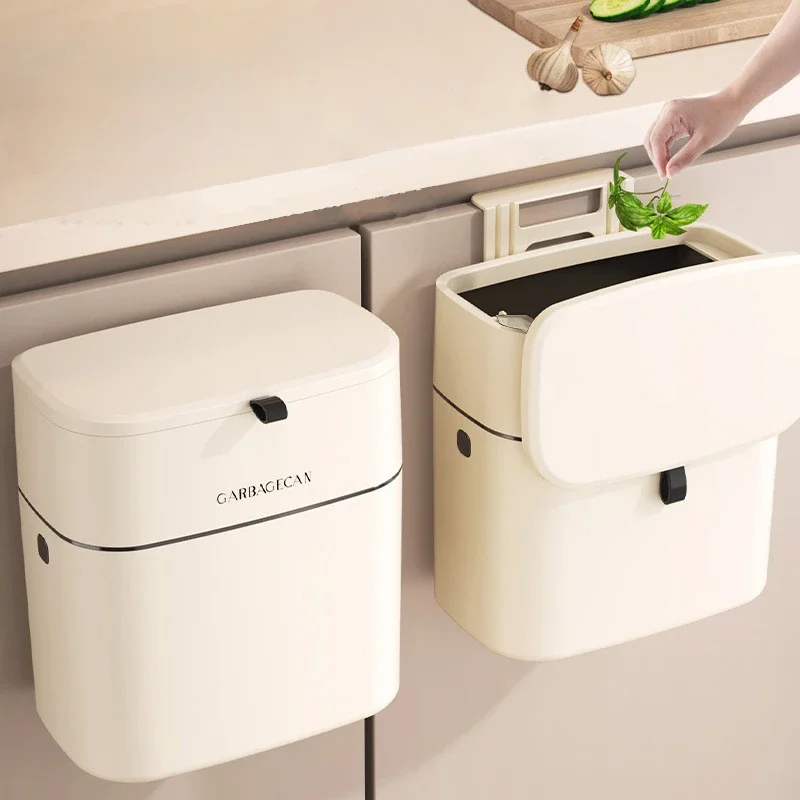 

Stylish Wall Mounted Trash Can Premium Cream White No Trace Hook Mount Kitchen Bathroom Trash Can with Lid