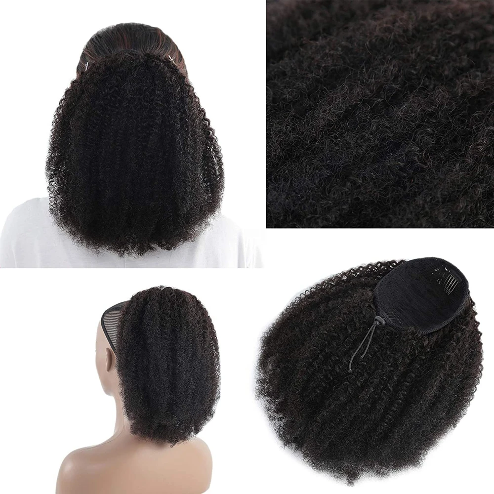 Alipretty Brazilian Afro Kinky Curly Human Hair Drawstring Ponytail For Women Natural Color Short Curly Ponytail Hair Extensions