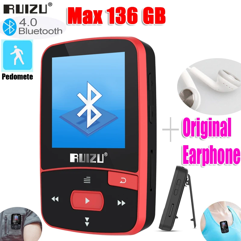 cronómetro grabación e-Book FM Radio Original RUIZU X50 Mini Clip Deporte Bluetooth Reproductor de MP3 8 GB Reproductor de música Apoyo TF Tarjeta 