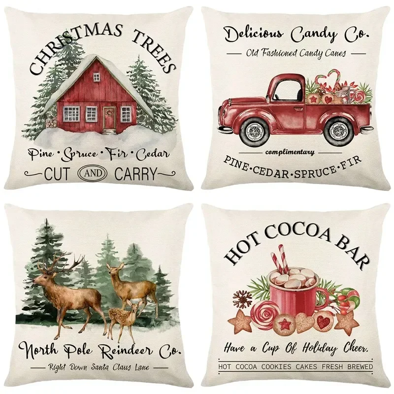 

Linen Merry Christmas Pillow Cover 45x45cm Throw Pillowcase Winter Christmas Decorations for Home Tree Deer Sofa Cushion Cover