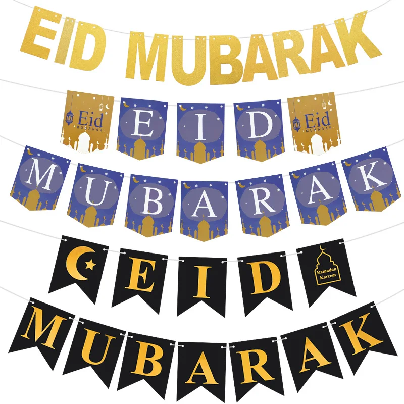 EID Mubarak Banner Glitter Star Moon Letter Paper Bunting Garland Islamic Muslim Party Ramadan Kareem Decorations for Home 2024