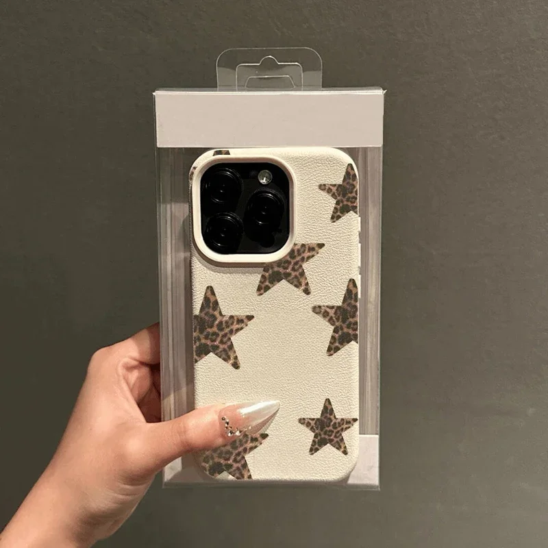 Leopard Print Stars Bow Lychee Texture Silicone Phone Case
