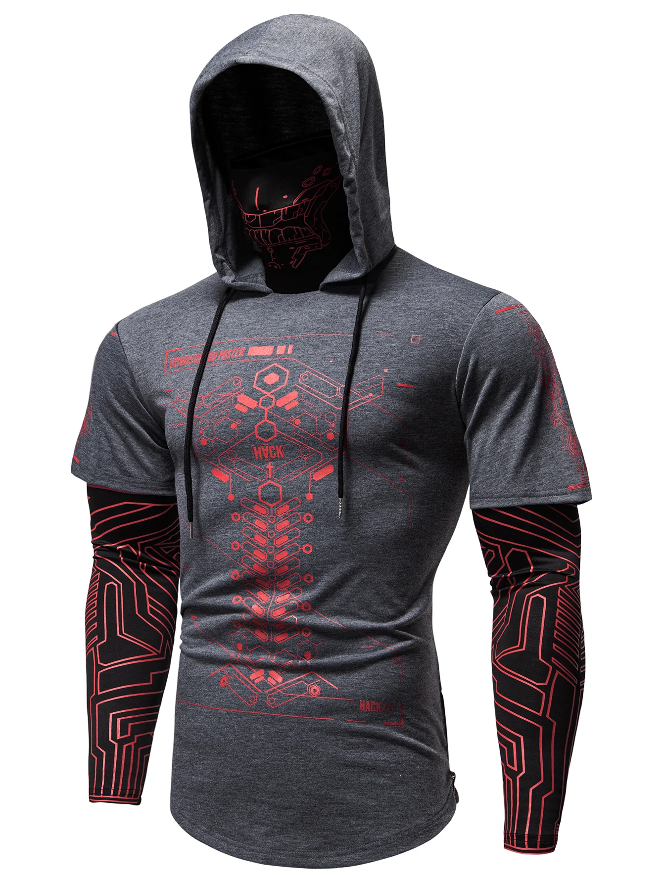 남성용 긴팔 티셔츠 해골 프린트 사이클링 낚시 야외 등산 모자 탄력있는 근육질 페이크 투피스 다크 컬러