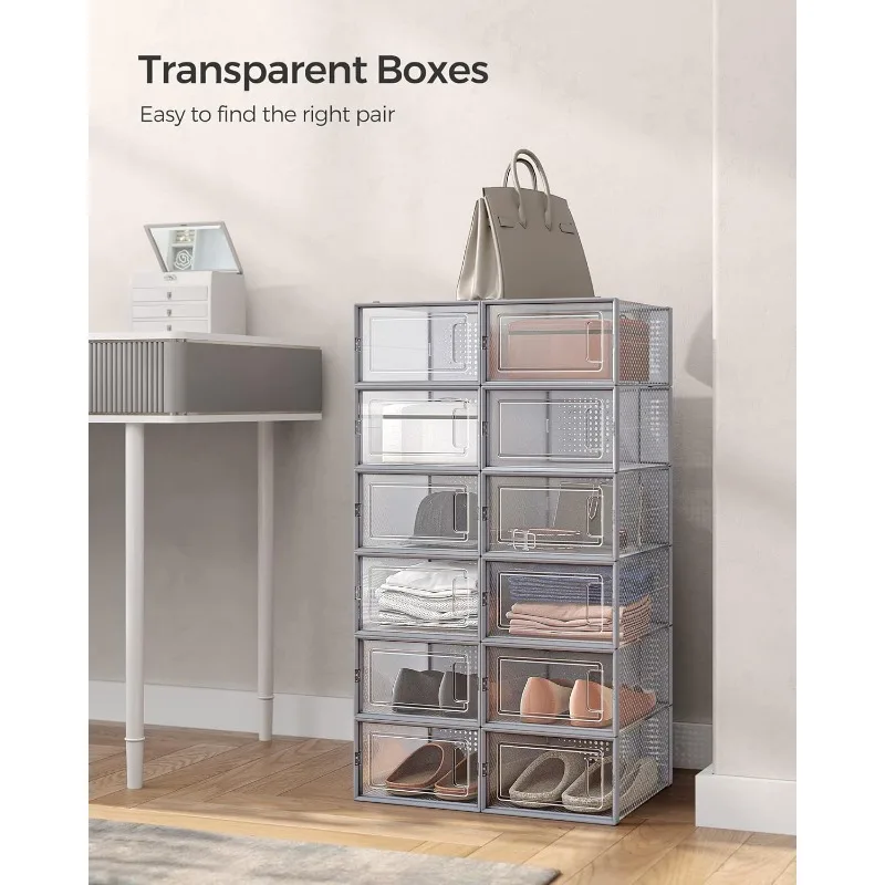 Shoe Boxes, Pack of 12 Shoe Storage Organizers, Stackable Clear Plastic Boxes for Closet, Sneakers, 9.1 x 13.1 x 5.6 Inches