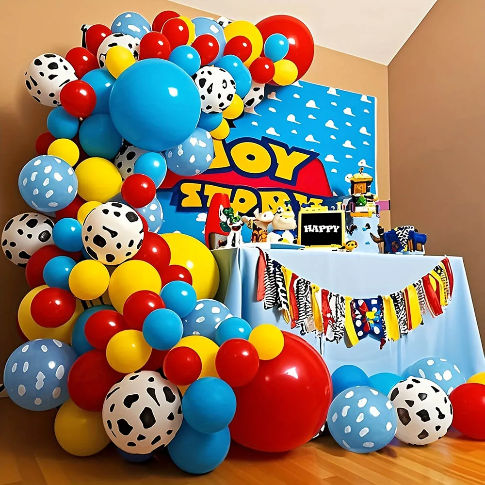 67-teiliges Blau-Gelb-Rotes Ballonbogen-Set für Jungen-Geburtstag, Dusche-Dekoration, Geschichten-Thema, Wolken-Kuh-Druck Ballons, Geburtstagsparty-Zubehör