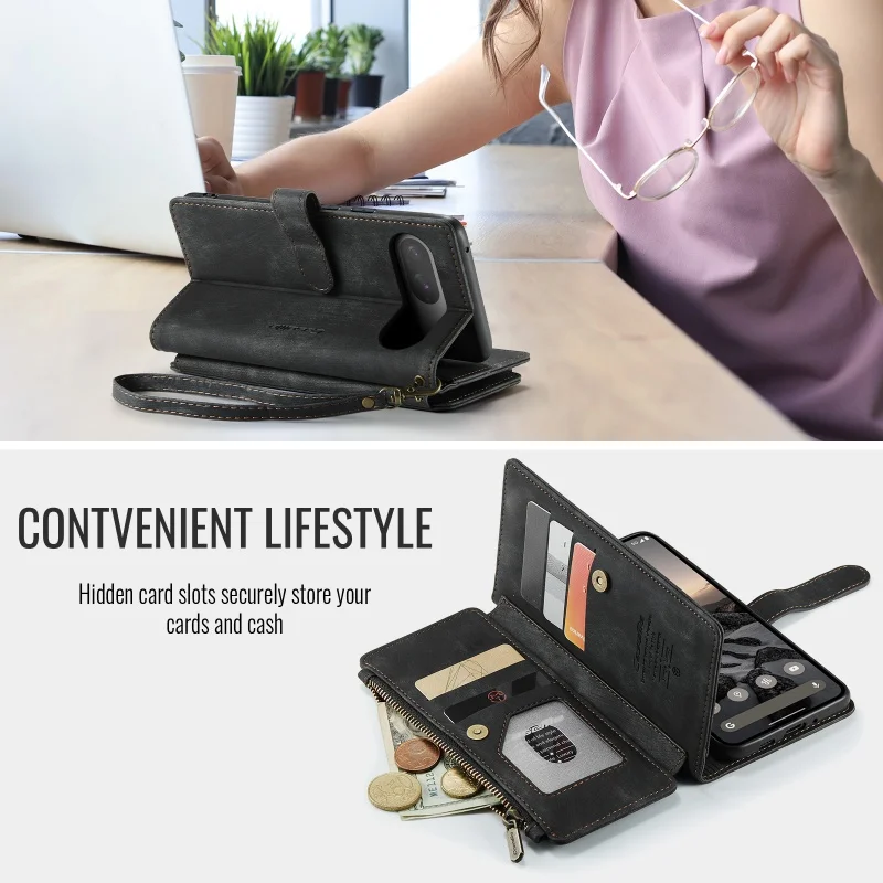 Leather Zipper Wallet Phone Case with Lanyard and Card Holder
