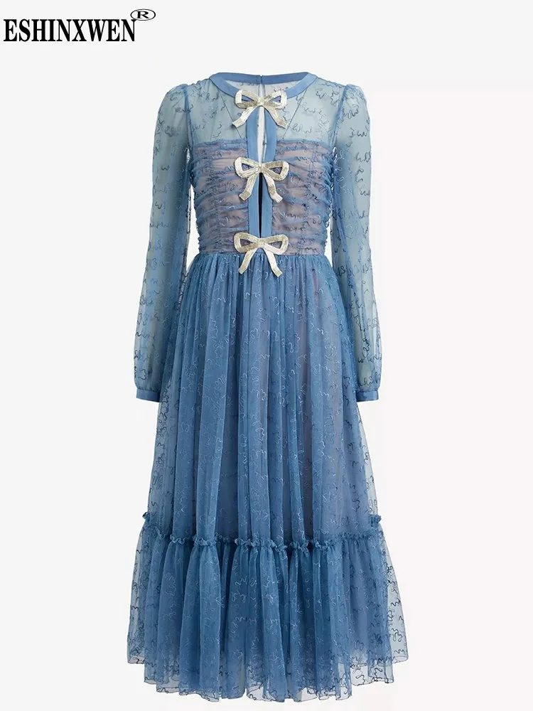 

Eshin Round Neck Long Sleeve Patchwork Bowknot Elegant Dresses For Women High Waist Spliced Mesh Dress Female Fashion New TH5568