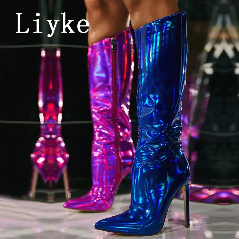 

Liyke Sexy Party Nightclub Stripper Knee High Boots Female Green Smooth Patent Leather Pointed Toe Heels Women Shoes Zip Booties