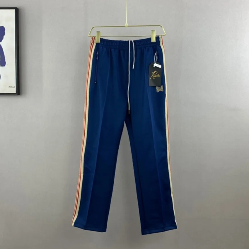 

2023ss Stripe Needles Pants Men Women 1:1 High-Quality Purple Needles Sweatpants Butterfly Embroidery AWGE Track Trousers