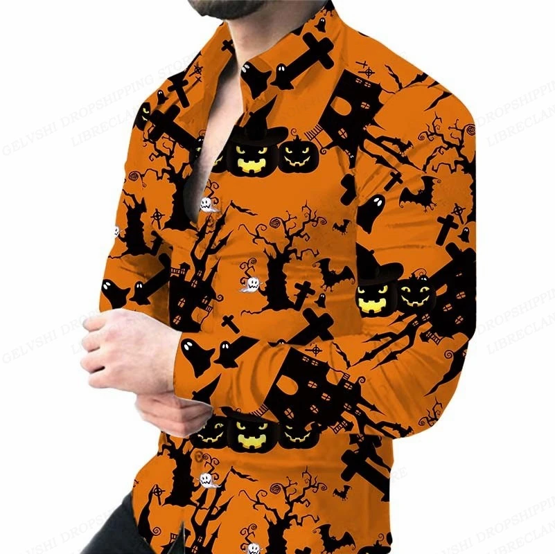Hawaii Halloween Pumpkin Ghost Pattern Men Shirts Flower Colorful 3d Print Fashion Long Sleeve Lapel Beach Gentleman Clothing