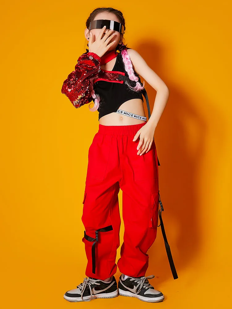 Jazz Costume Girls Hip Hop Dance Clothes Cool Sequin Tops Overalls Pants Red Stage Performance Outfit For Kids Wear BL5891