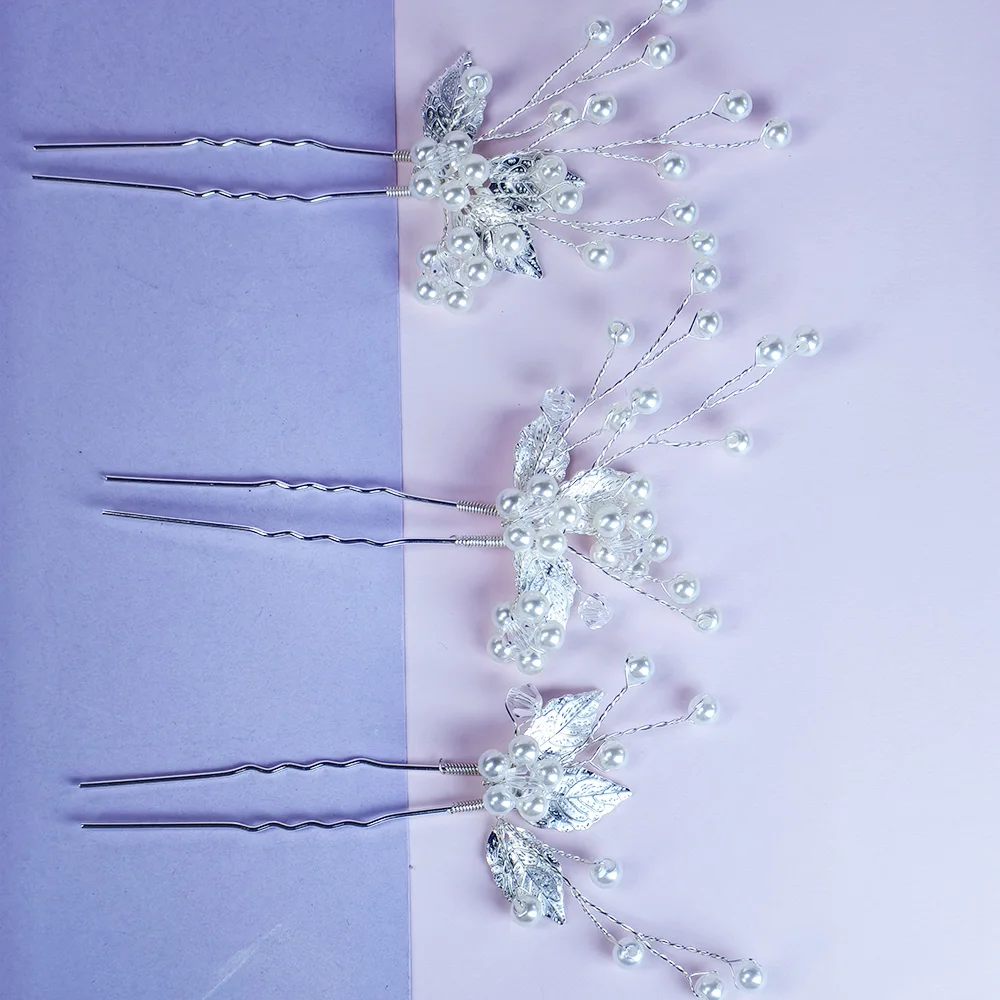 Flower Bridal Wedding Hairpin Silver Leaf Bridal Hair Ornament Rhinestone Hair Ornament for Women & Girls (Set of 3)