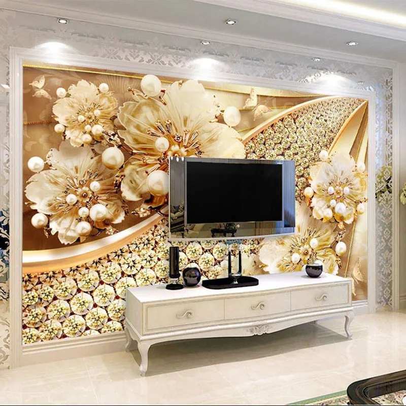 Custom Photo Wallpaper 3D Embossed Gold Jewelry Flower Mural European Style Living Room TV Background Wall Painting Luxury Decor